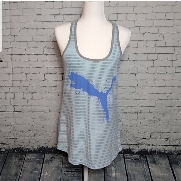 PUMA Blue & Grey Racer Back Tank Top Striped Size Medium - Picture 9 of 9